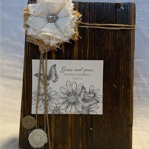Handmade Rustic Brown Wood Block Picture Frame with Floral Accents